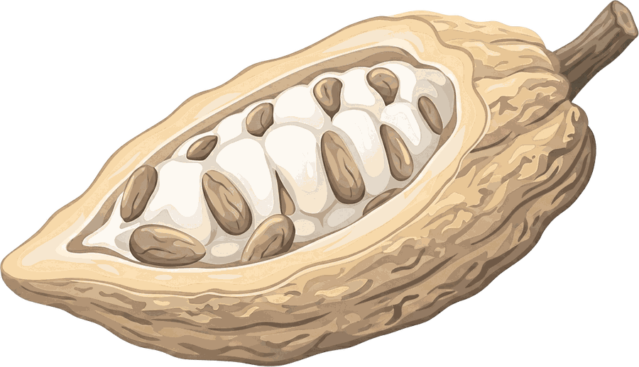 Frutto del cacao aperto: i semi avvolti nella polpa